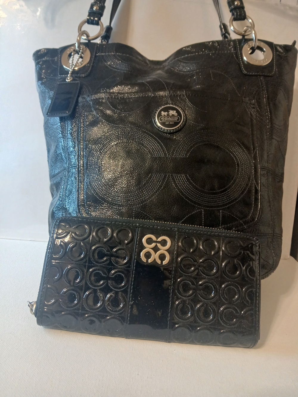 Coach Black Leather Tote with Matching Patent Wallet